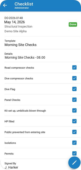 A D.O.P.A. site checklist completed and signed off on a phone, item by item.