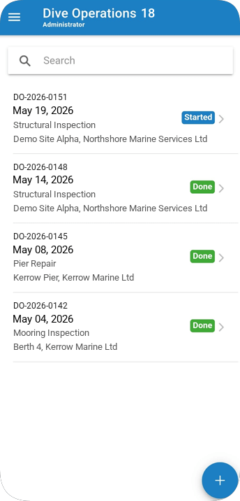 D.O.P.A. on a phone, listing dive operations with their date, job, site and status.